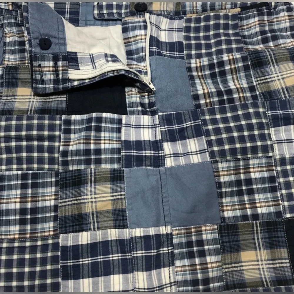 LOFT Patchwork Skirt Women Sz 12 Blue Madras Lined Zipper Button Pockets Preppy - Picture 3 of 10